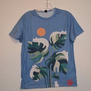 Home Night Wear "Cats on Leaves" Print Polyester-Spandex Blue-White T-Shirt  S